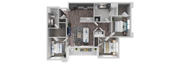 A top-down view of a small apartment layout with a kitchen, living room, and bathroom.