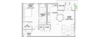 A floor plan of a house with a primary suite, living/dining area, kitchen, bath, and entry hall.