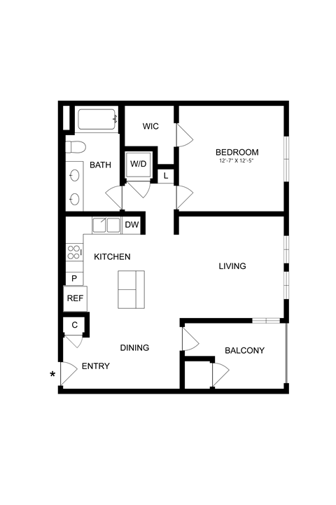 A black and white image of a floor plan for a small apartment.