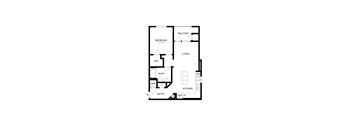 A floor plan of a home with a bedroom, living room, kitchen, and bathroom.