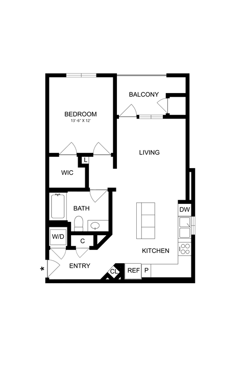 A floor plan of a home with a bedroom, living room, kitchen, and bathroom.
