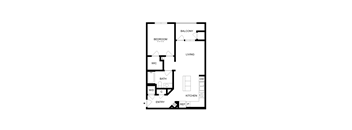 A floor plan of a small apartment with a living room, bedroom, kitchen and bathroom.