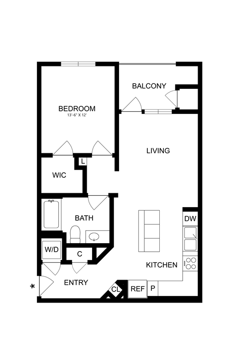 A floor plan of a small apartment with a living room, bedroom, kitchen and bathroom.