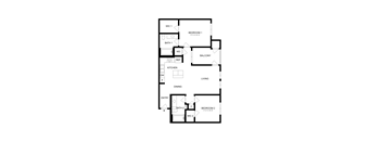 A floor plan of a house with two bedrooms, a living room, a dining room, a kitchen, a bathroom, and a balcony.
