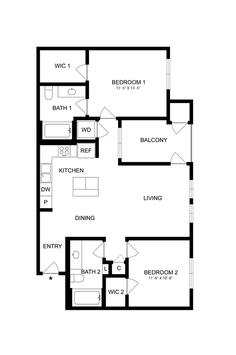 A floor plan of a house with two bedrooms, a living room, a dining room, a kitchen, a bathroom, and a balcony.