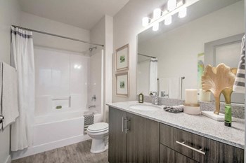 model bathroom with soaking tub and grey cabinetry - Photo Gallery 10