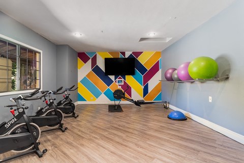the gym with exercise bikes and a tv on the wall