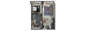 a stylized floor plan of a hotel room with a bathroom