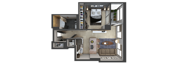 a 3d rendering of a small apartment with a bedroom and a living room