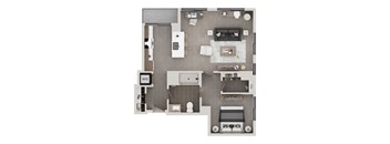 A floor plan of a house with a living room, kitchen, and bathroom.