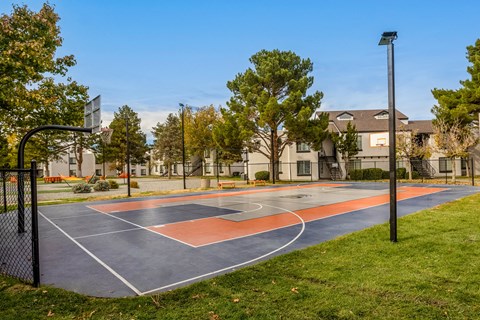a basketball court with trees and apartments in the background