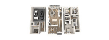 a 3d rendering of a 3 bedroom house with 3artments and a car