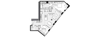 A black and white image of a floor plan for a home with three bedrooms and a living dining area.