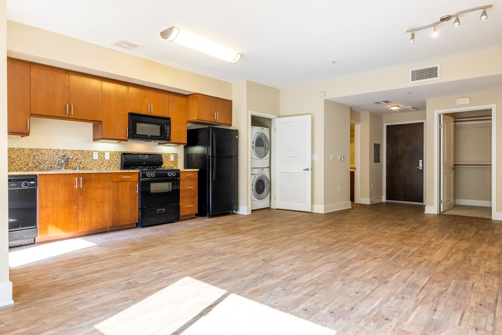 a kitchen and living room