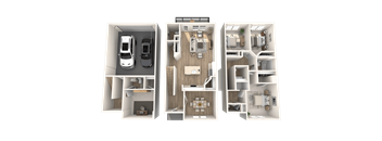 a 3d rendering of a 3 bedroom house with 3artments and a car