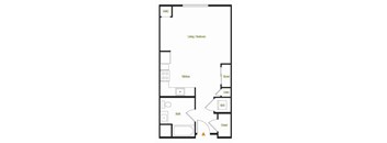 A floor plan of a house with a living room, kitchen, bathroom, and closet.