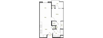 A floor plan of a house with a kitchen, living room, dining room, bedroom, bathroom, deck, and pantry.