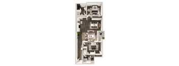 A top-down view of a house layout with a living room, kitchen, dining area, and bedrooms.