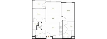 A floor plan of a house with labeled rooms such as Bedroom, Bath, Kitchen, and Dining.