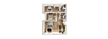 A 3D floor plan of a house with a living room, kitchen, dining room, and bedrooms.