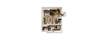 A top-down view of a two-story apartment with a living room, kitchen, dining area, and bedrooms.