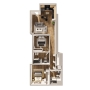 A 3D image of a house layout showing a kitchen, living room, and two bedrooms.