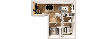 A top-down view of a small apartment with a kitchen, living room, and bedroom.