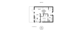 A floor plan of a unit with a living room, dining room, kitchen, bathroom and laundry.