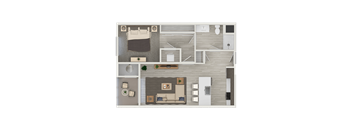 A floor plan of a two-bedroom apartment with a living room, kitchen, and bathroom.