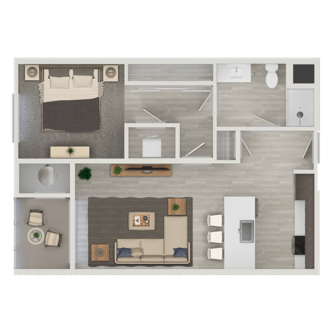A floor plan of a two-bedroom apartment with a living room, kitchen, and bathroom.