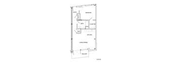 A drawing of a floor plan for Unit D1 shows a bedroom, bathroom, kitchen, living/dining area, and balcony.