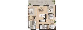 A floor plan of a house with a primary bedroom, a dining area, a kitchen, a living room, a bathroom, and a private outdoor space.
