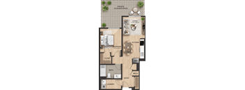 A floor plan of a private outdoor space and a 11'8" x 10'11" living area.