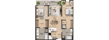 A floor plan of a house with a primary bedroom, a living room, a dining room, a kitchen, a bathroom, and an outdoor space.