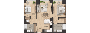 A floor plan of a house with a living room, dining room, kitchen, two bedrooms, a bathroom, and a walk-in closet.