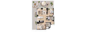 A floor plan of a house with a living room, kitchen, two bedrooms, a bathroom, and a terrace.