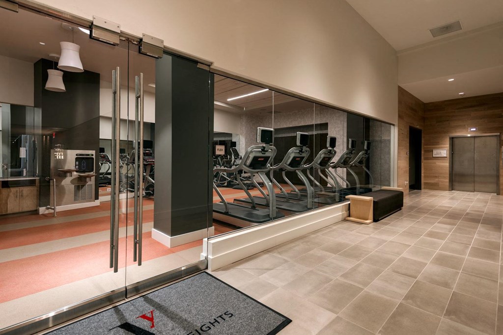 a gym with a row of treadmills and other exercise equipment