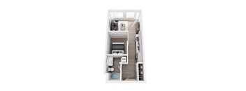 A top-down view of a small apartment with a bedroom, living room, and kitchen.