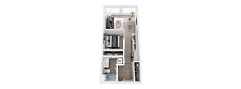 A top-down view of a small apartment with a kitchen, living room, and bedroom.