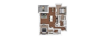 A 3D floor plan of a house with a living room, kitchen, and two bedrooms.
