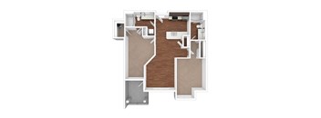 A 3D floor plan of a house with a central hallway.