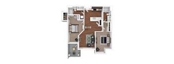 A top-down view of a house layout with a kitchen, living room, dining area, and bedrooms.