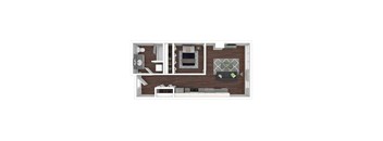 A top-down view of a living room with a couch, coffee table, and television.
