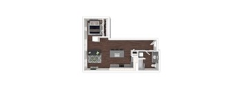 A 3D floor plan of a small apartment with a kitchen, living room, and bedroom.