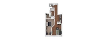 A top down view of a house layout with a kitchen, living room, and bathroom.