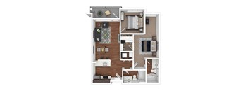 A 3D floor plan of a small apartment with a kitchen, living room, and bathroom.