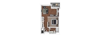 A top down view of a living room with a couch, a coffee table, a TV, and a bookshelf.