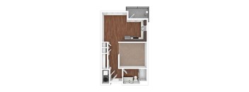 A top down view of a small apartment with a kitchen, living room and a bathroom.