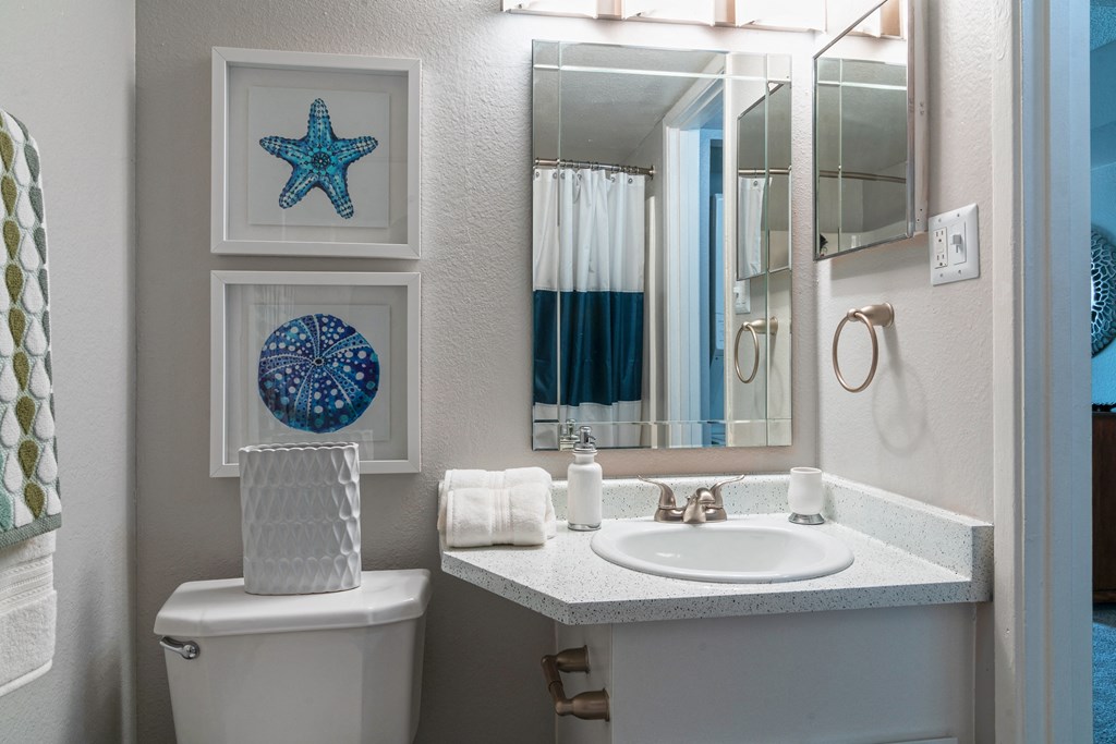 A bathroom with a sink and a toilet and a mirror at Westmount at Urban Trails, Mesa, 85202