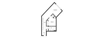 A floor plan of a house with a living room, kitchen, bedroom and bathroom.